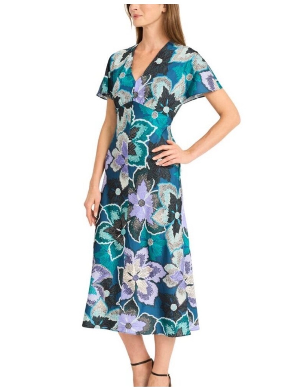 Maggy London teal satin floral midi length dress